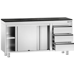 Szafka robocza ze stali nierdzewnej PREMIUM – 1600 x 700 mm – z 3 szufladami po prawej stronie – wraz z blatem granitowym
