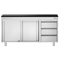Szafka robocza ze stali nierdzewnej PREMIUM – 1600 x 600 mm – z 3 szufladami po prawej stronie – wraz z blatem granitowym