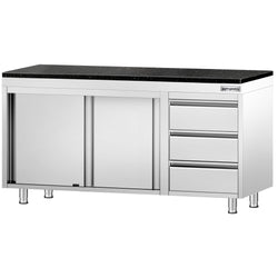 Szafka robocza ze stali nierdzewnej PREMIUM – 1600 x 600 mm – z 3 szufladami po prawej stronie – wraz z blatem granitowym