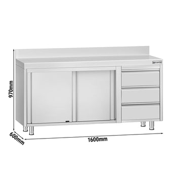 Szafka robocza ze stali nierdzewnej ECO - 1600x600 mm - z 3 szufladami po prawej stronie i panelem tylnym - Prime Gastro