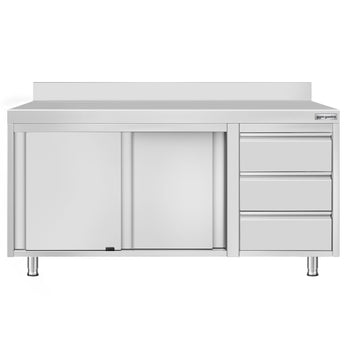 Szafka robocza ze stali nierdzewnej ECO - 1600x600 mm - z 3 szufladami po prawej stronie i panelem tylnym - Prime Gastro
