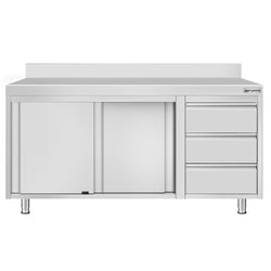 Stainless Steel Floor Cupboard ECO - 1600x600mm - with Sliding Doors - with 3 Drawers right & Upstand