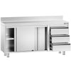 Stainless Steel Floor Cupboard PREMIUM - 1600x600mm - with Sliding Doors with 3 Drawers right & Upstand