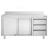 Stainless Steel Floor Cupboard PREMIUM - 1600x600mm - with Sliding Doors with 3 Drawers right & Upstand