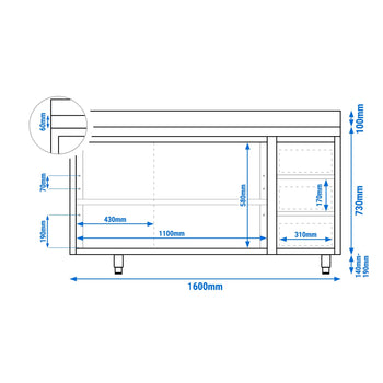 Szafka robocza ze stali nierdzewnej ECO - 1600x700 mm - z 3 szufladami po prawej stronie i panelem tylnym - Prime Gastro