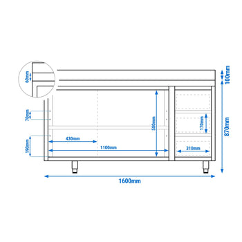 Szafka robocza ze stali nierdzewnej ECO - 1600x600 mm - z 3 szufladami po prawej stronie i panelem tylnym - Prime Gastro