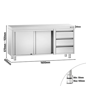 Szafka robocza ze stali szlachetnej PREMIUM – 1600 x 600 mm – z 3 szufladami po prawej stronie - Prime Gastro