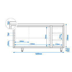 Stainless Steel Floor Cupboard PREMIUM - 1600x700mm - with Sliding Doors - with 3 Drawers right