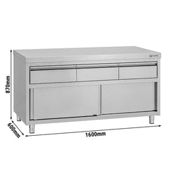 Szafka robocza ze stali nierdzewnej ECO – 1600 x 600 mm – z 3 szufladami i drzwiami przesuwnymi