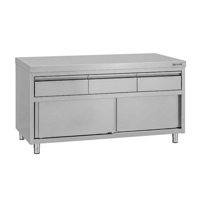 Szafka robocza ze stali nierdzewnej ECO – 1600 x 600 mm – z 3 szufladami i drzwiami przesuwnymi