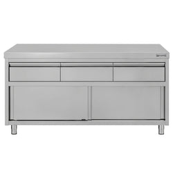 Szafka robocza ze stali nierdzewnej ECO – 1600 x 600 mm – z 3 szufladami i drzwiami przesuwnymi