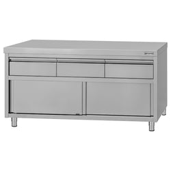 Szafka robocza ze stali nierdzewnej ECO – 1600 x 600 mm – z 3 szufladami i drzwiami przesuwnymi