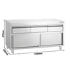 Szafka robocza ze stali nierdzewnej PREMIUM – 1600 x 600 mm – z 3 szufladami i drzwiami przesuwnymi