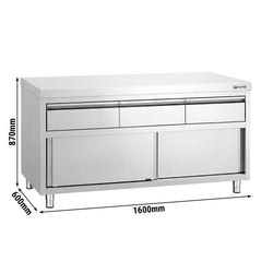 Szafka robocza ze stali nierdzewnej PREMIUM – 1600 x 600 mm – z 3 szufladami i drzwiami przesuwnymi