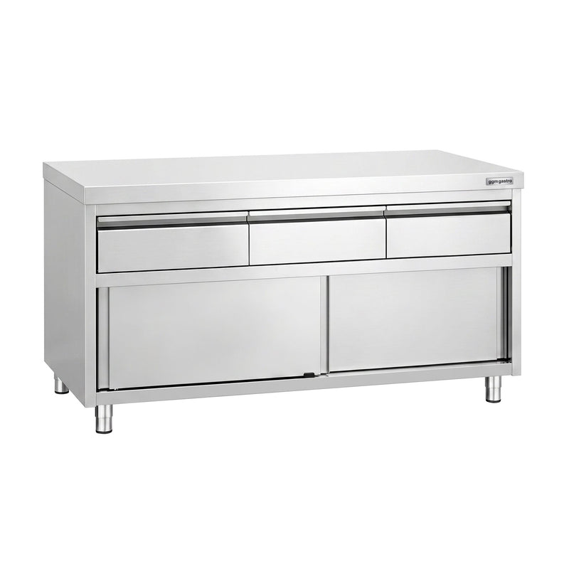 Szafka robocza ze stali nierdzewnej PREMIUM – 1600 x 600 mm – z 3 szufladami i drzwiami przesuwnymi
