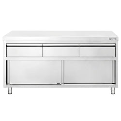 Szafka robocza ze stali nierdzewnej PREMIUM – 1600 x 600 mm – z 3 szufladami i drzwiami przesuwnymi