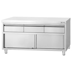 Szafka robocza ze stali nierdzewnej PREMIUM – 1600 x 600 mm – z 3 szufladami i drzwiami przesuwnymi