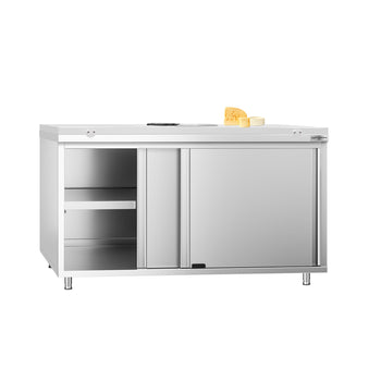 Szafka robocza ze stali nierdzewnej PREMIUM - 1600 x 700 mm - z drzwiami przesuwnymi - wraz z deską do krojenia w kolorze białym - Prime Gastro