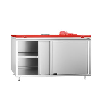 Szafka robocza ze stali nierdzewnej PREMIUM - 1600 x 800 mm - z drzwiami przesuwnymi - wraz z deską do krojenia w kolorze czerwonym - Prime Gastro