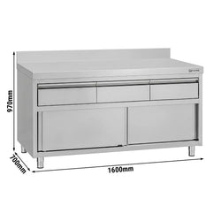 Edelstahl Arbeitsschrank ECO - 1600x700mm - mit 3 Schubladen & Aufkantung
