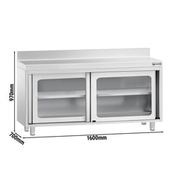 Stainless Steel Floor Cupboard PREMIUM - 1600x700mm - with Glass Sliding Doors & Upstand