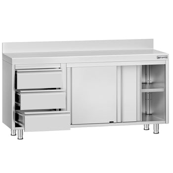 Szafka robocza ze stali nierdzewnej ECO - 1600x700 mm - z 3 szufladami po lewej stronie i panelem tylnym - Prime Gastro