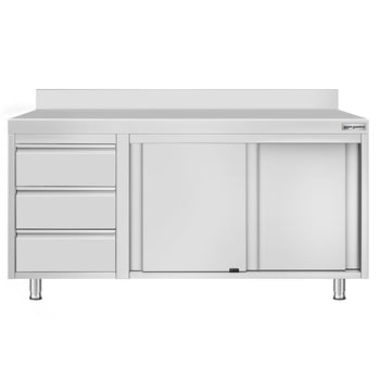 Szafka robocza ze stali nierdzewnej ECO - 1600x700 mm - z 3 szufladami po lewej stronie i panelem tylnym - Prime Gastro