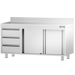 Stainless Steel Floor Cupboard PREMIUM - 1600x700mm - with Sliding Doors - with 3 Drawers left & Upstand