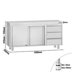 Stainless Steel Floor Cupboard ECO - 1600x700mm - with 3 Drawers right & Sliding Doors