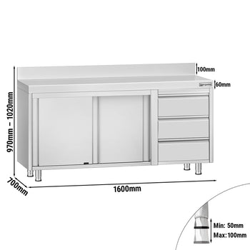 Szafka robocza ze stali nierdzewnej ECO - 1600x700 mm - z 3 szufladami po prawej stronie i panelem tylnym - Prime Gastro