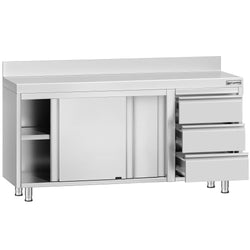 Stainless Steel Floor Cupboard ECO - 1600x700mm - with Sliding Doors, 3 Drawers right & Upstand