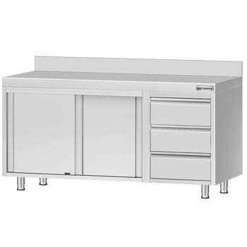 Szafka robocza ze stali nierdzewnej ECO - 1600x700 mm - z 3 szufladami po prawej stronie i panelem tylnym - Prime Gastro
