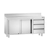 Stainless Steel Floor Cupboard PREMIUM - 1600x700mm - with Sliding Doors, with 3 Drawers right & Upstand