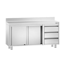 Stainless Steel Floor Cupboard PREMIUM - 1600x700mm - with Sliding Doors, with 3 Drawers right & Upstand