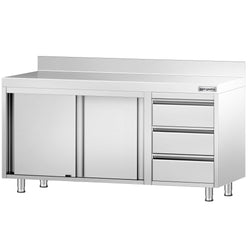Stainless Steel Floor Cupboard PREMIUM - 1600x700mm - with Sliding Doors, with 3 Drawers right & Upstand