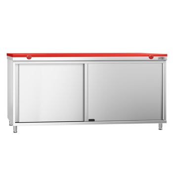 Szafka robocza ze stali nierdzewnej PREMIUM - 1800 x 600 mm - z drzwiami przesuwnymi - wraz z deską do krojenia w kolorze czerwonym - Prime Gastro