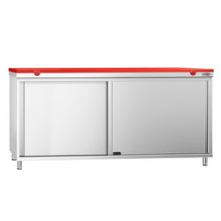 Szafka robocza ze stali nierdzewnej PREMIUM - 1800 x 800 mm - z drzwiami przesuwnymi - wraz z deską do krojenia w kolorze czerwonym