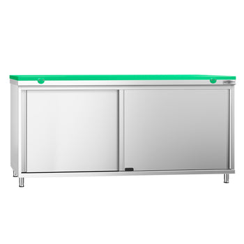Szafka robocza ze stali nierdzewnej PREMIUM - 1800 x 800 mm - z drzwiami przesuwnymi - wraz z deską do krojenia w kolorze zielonym - Prime Gastro