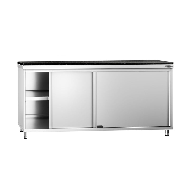 Szafka robocza ze stali nierdzewnej PREMIUM – 1800 x 700 mm – z drzwiami przesuwnymi – wraz z blatem granitowym