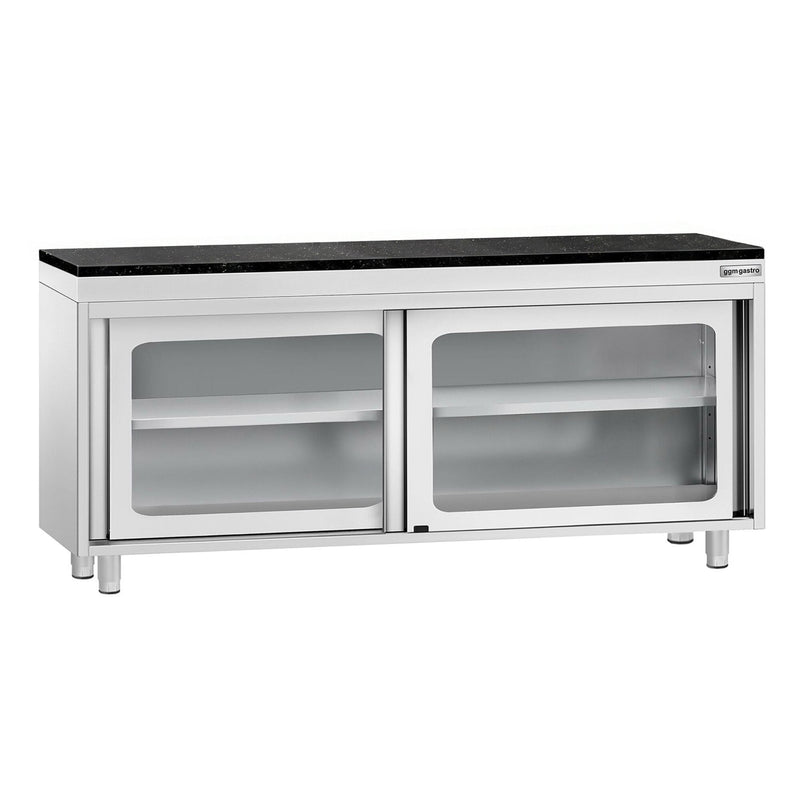 Szafka robocza ze stali nierdzewnej PREMIUM – 1800 x 600 mm – z przesuwanymi szklanymi drzwiami – wraz z blatem granitowym