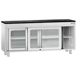 Szafka robocza ze stali nierdzewnej PREMIUM – 1800 x 600 mm – z przesuwanymi szklanymi drzwiami – wraz z blatem granitowym