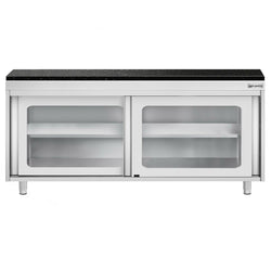 Szafka robocza ze stali nierdzewnej PREMIUM – 1800 x 600 mm – z przesuwanymi szklanymi drzwiami – wraz z blatem granitowym