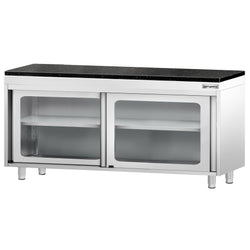 Szafka robocza ze stali nierdzewnej PREMIUM – 1800 x 600 mm – z przesuwanymi szklanymi drzwiami – wraz z blatem granitowym