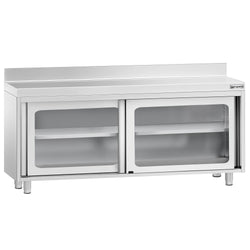 Szafka robocza ze stali nierdzewnej PREMIUM - 1800x600mm - z szklane drzwi suwane, z rantem