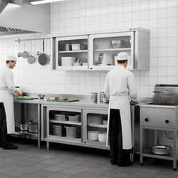Szafka wisząca ze stali nierdzewnej – 1600 x 400 mm – z przesuwanymi drzwiami szklanymi – wysokość 650 mm