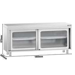 Szafka robocza ze stali nierdzewnej PREMIUM – 1800 x 600 mm – z przesuwanymi drzwiami szklanymi