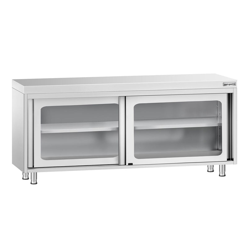 Szafka robocza ze stali nierdzewnej PREMIUM – 1800 x 600 mm – z przesuwanymi drzwiami szklanymi