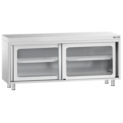 Szafka robocza ze stali nierdzewnej PREMIUM – 1800 x 600 mm – z przesuwanymi drzwiami szklanymi