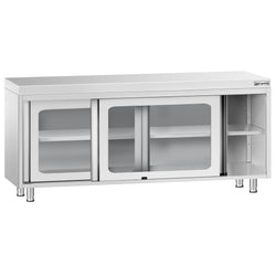 Szafka robocza ze stali nierdzewnej PREMIUM – 1800 x 700 mm – z przesuwanymi drzwiami szklanymi