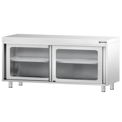 Szafka robocza ze stali nierdzewnej PREMIUM – 1800 x 600 mm – z przesuwanymi drzwiami szklanymi